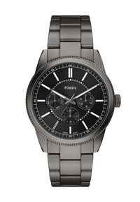 Montre en acier inoxydable noir avec un boîtier rond, des accents argentés et un cadran à plusieurs aiguilles. Présente des marqueurs d'heure et un bracelet texturé.