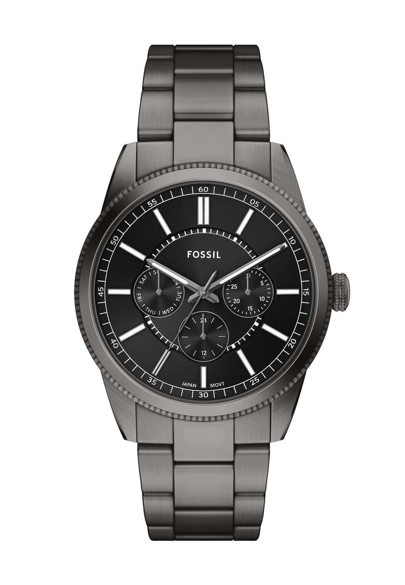 Montre en acier inoxydable noir avec un boîtier rond, des accents argentés et un cadran à plusieurs aiguilles. Présente des marqueurs d'heure et un bracelet texturé.