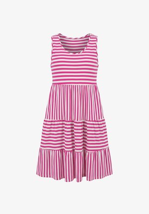 Varrukateta roosa-valge triibuline kleit ümara kaelusega, kihilise seeliku ja vahelduvate horisontaalsete ja vertikaalsete triipude mustritega.