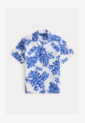 Krátke rukávy košele vyrobenej z bielej látky s modrou kvetinovou potlačou, ktorá má zapínanie na gombíky a malú prednú vrecko s logom.