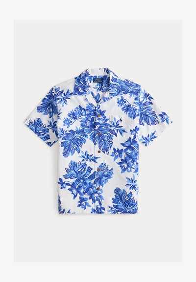 Kurzärmeliges Hemd aus weißem Stoff mit blauem Blumenmuster, ausgestattet mit einer Knopfleiste und einer kleinen Brusttasche mit Logodetail.
