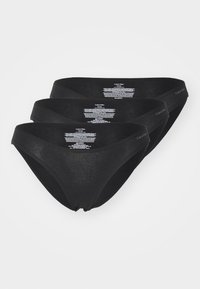Chiloți bikini negri din bumbac, disponibili la pachet de trei. Prezintă o textură netedă, un tiv elastic și etichete de îngrijire imprimate pe interior.
