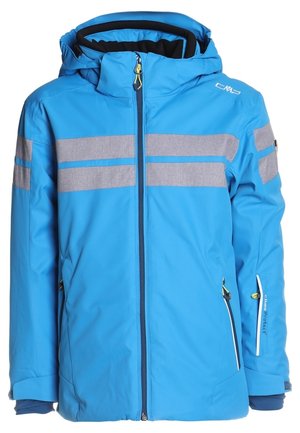 Veste d'hiver bleue avec capuche, fermeture éclair à l'avant, rayures réfléchissantes grises horizontales sur la poitrine et les manches, et poches latérales zippées.