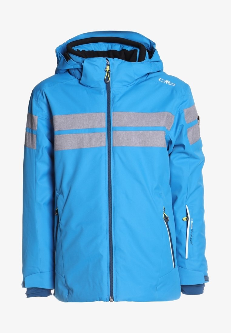 Blue winter jacket with hood, front zipper, gray reflective horizontal stripes on chest and sleeves, and zippered side pockets.