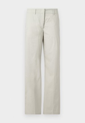 Pantalons beige clair en tissu lisse, avec une coupe droite, un devant plat et deux poches latérales. Design minimaliste sans motifs.