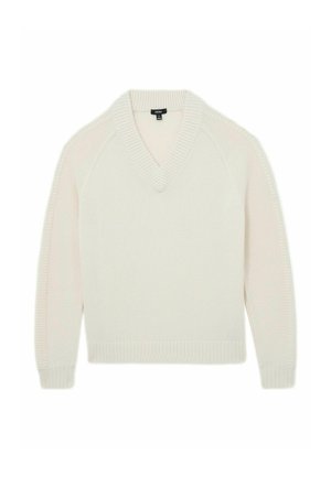 Krémový dlouhý rukáv s výstřihem do V svetr s žebrovaným límcem, manžetami a lemem, zobrazený na bílém pozadí.