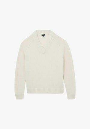Cremefarvet langærmet V-hals trøje med ribkant ved krave, manchetter og kant, vist fladt på en hvid baggrund.