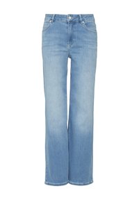 Lichtblauwe denim wijde jeans met een hoge taille, voorzien van vijf zakken en klassieke stiksels. Soepele textuur, rechte snit tot aan de zoom.