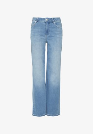 Helle blaue Jeans mit weitem Bein und hoher Taille, ausgestattet mit fünf Taschen und klassischer Naht. Glatte Textur, gerader Schnitt bis zum Saum.