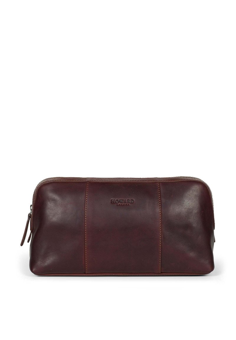 Braune Ledertasche mit glatter Textur, rechteckiger Form und einem dezenten geprägten Logo. Verfügt über einen Reißverschluss und einen seitlichen Griff.