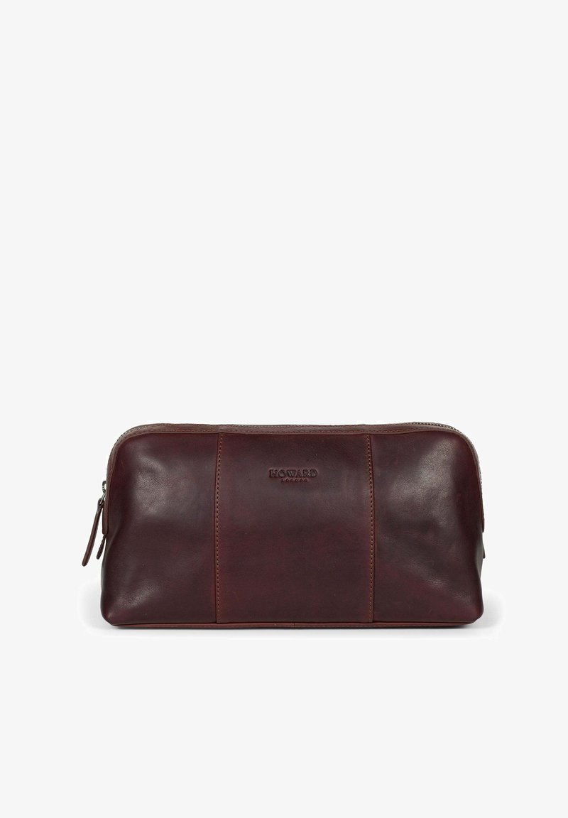 Braune Ledertasche mit glatter Textur, rechteckiger Form und einem dezenten geprägten Logo. Verfügt über einen Reißverschluss und einen seitlichen Griff.