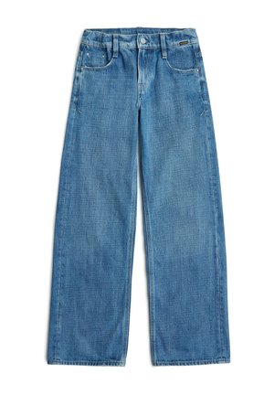 Jean en denim bleu à jambes larges avec cinq poches, passants de ceinture et fermeture à bouton à la taille, posé à plat sur un fond blanc.