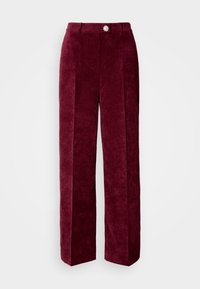 Sarkanais vīna platās kājas bikses ar mīkstu tekstūru, ar priekšējo krokām un sudraba ziedu pogu detaļu viduklī.