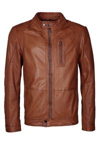 Braune Lederjacke mit Stehkragen, Reißverschluss vorne, seitlichen Taschen und dezenten Nähdetails. Mittellange Ärmel mit Druckknopfverschluss.