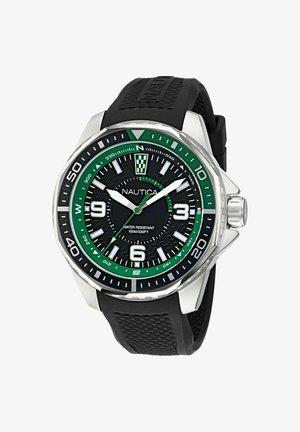 Analóg óra fekete gumipánttal, rozsdamentes acél házzal, zöld kerettel és textúrált fekete számlappal. Fénylő mutatókkal és órajelzőkkel rendelkezik.