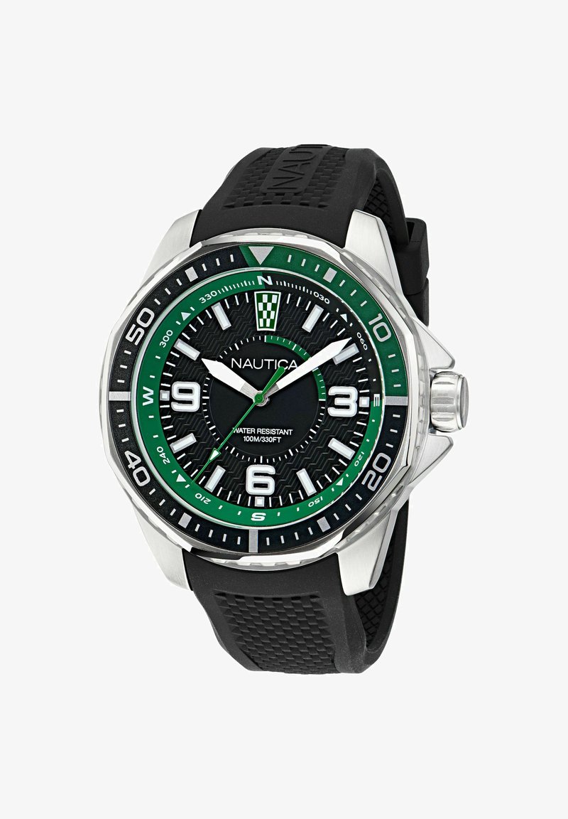 Anaalne kell musta kummirihmaga, roostevabast terasest korpus, rohelise bezeliga ja struktuurse musta kellapangaga. Omab helendavaid käsi ja tunni markereid.