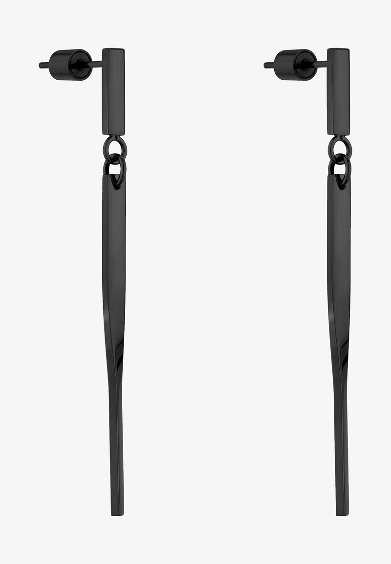 Zwarte hangende oorbellen met een slank, langwerpig ontwerp en een gestructureerd oppervlak. De oorbellen hebben een ronde oorring en een stud achterzijde.