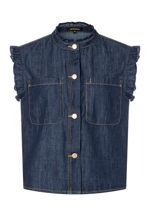 Denimweste mit hohem Kragen, voluminösen Ärmeln und zwei Fronttaschen. Dunkelblaue Farbe mit kontrastierenden gelben Nähten und Holzknöpfen.
