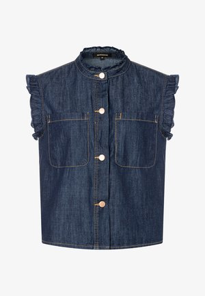 Denim vest with a high collar, ruffled sleeves, and two front pockets. Dark blue color with contrasting yellow stitching and wooden buttons.