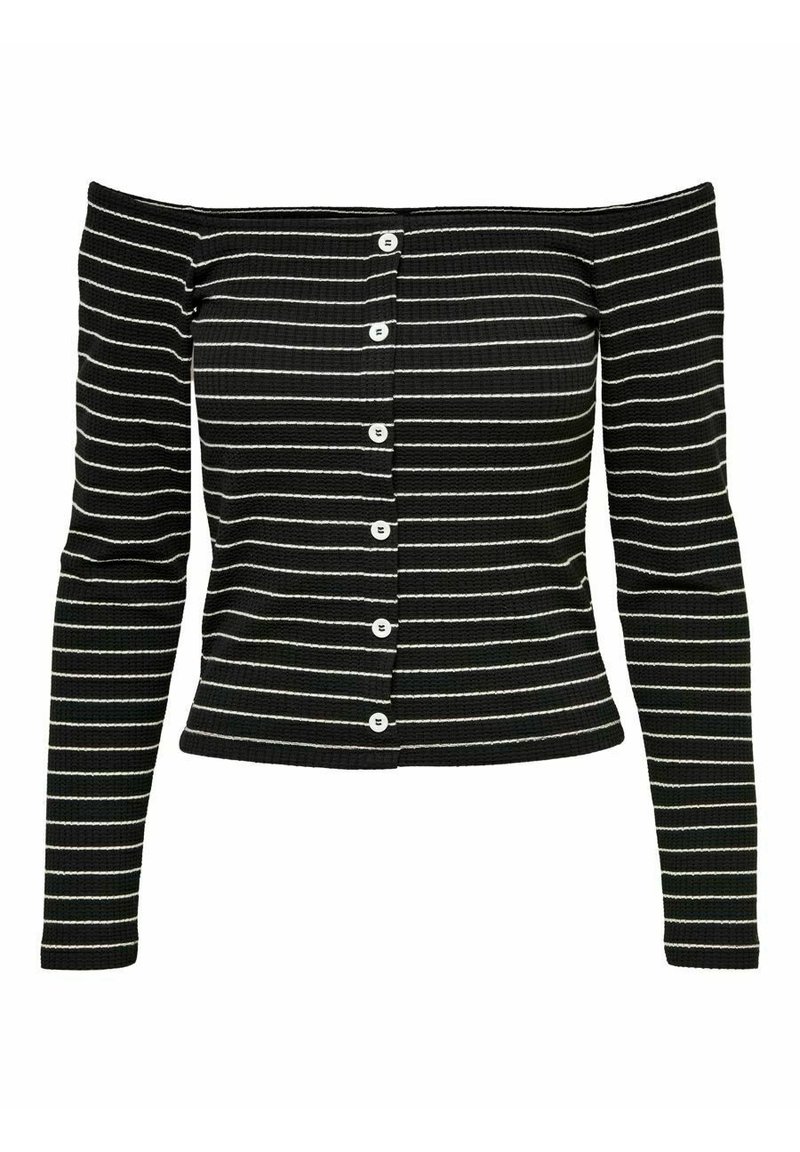 Top nero a spalle scoperte con maniche lunghe, caratterizzato da righe bianche orizzontali e chiusura frontale con bottoni. Texture a coste in tutto il capo.