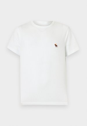 T-shirt blanc à manches courtes avec col rond et petit élan marron brodé sur la poitrine gauche.