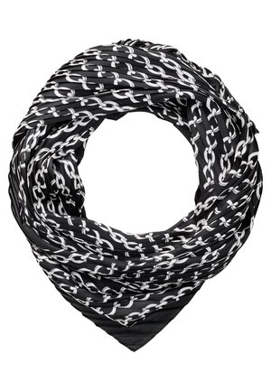 Black triangular scarf with white chain link pattern, folded in a circular shape with a central hole.