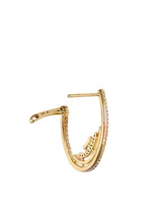 Aranykarika fülbevaló, bonyolult, ívelt mintával, váltakozó színű kövekkel és sima, polírozott felülettel. Csuklópántos zárral díszítve.