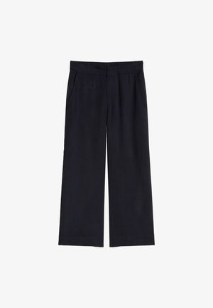 Czarne spodnie o szerokich nogawkach z bocznymi kieszeniami i gładkim pasem, prezentowane na białym tle.