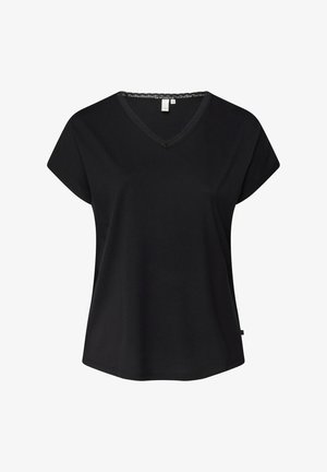 Blouse noire à manches courtes avec encolure en V bordée de dentelle, coupe ample, avec une petite étiquette latérale, sur fond blanc.