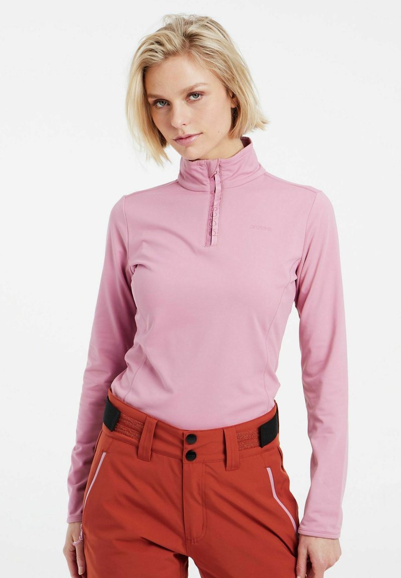 Maglia a maniche lunghe in tessuto rosa chiaro con colletto a mezza zip. Caratterizzata da una vestibilità slim e un sottile logo sul petto.