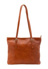 Borsa tote in pelle marrone con texture liscia, manici piatti doppi e dettagli di cucitura discreti. Design aperto con una forma versatile.