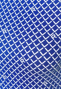 Modrá textilie s geometrickým vzorem střídajících se bílých písmen "L" a "R" uspořádaných do mřížky. Hladká textura s jednotným designem.