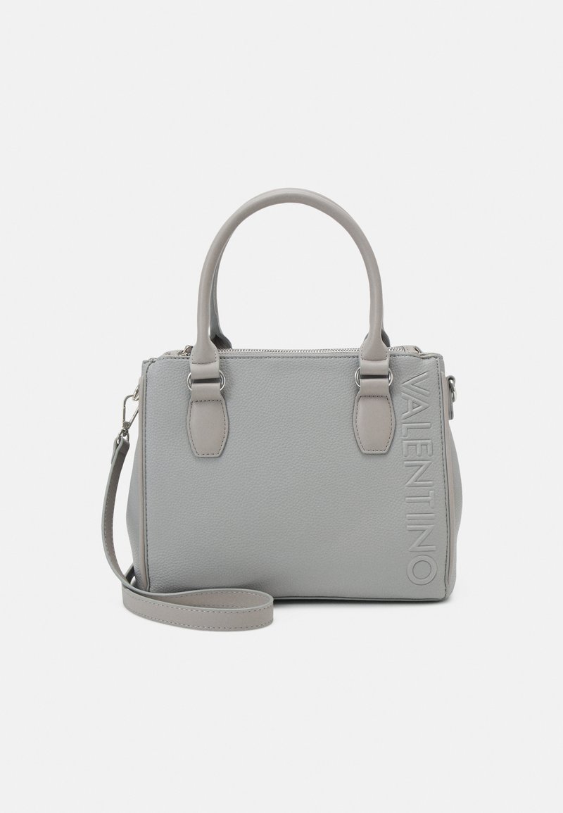 Gray leather handbag with structured design, dual top handles, detachable shoulder strap, and embossed "Valentino" logo detail.