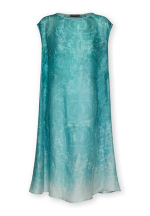Vestito senza maniche, ampio, turchese con delicato motivo floreale e scollo rotondo, lungo fino alla caviglia con un leggero effetto sfumato sull'orlo.