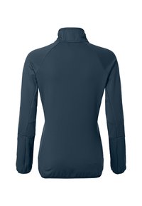 Aansluitend langemouwen top in donkerblauw met een hoge kraag, gladde textuur en raglanmouwen. Beschikt over platte naden en geen zichtbare hardware.