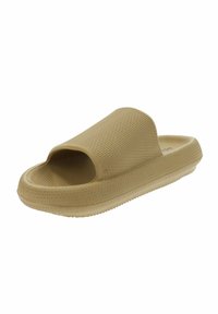 Infradito beige con superficie testurizzata, design open toe e una suola spessa e flessibile con un motivo rigato per la trazione.