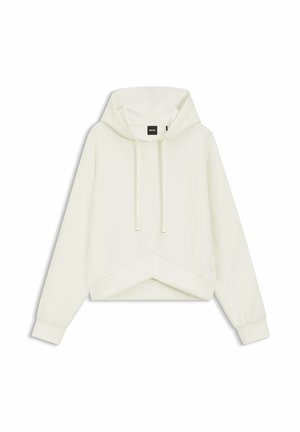 Sweat à capuche de couleur crème à manches longues avec cordons, poignets côtelés et détail d'ourlet diagonal sur fond blanc uni.