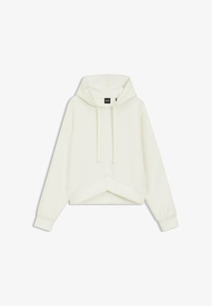 Felpa con cappuccio color crema a maniche lunghe con coulisse, polsini a coste e dettaglio diagonale sull'orlo su sfondo bianco semplice.