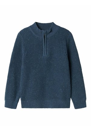 Pull en maille bleu marine à manches longues avec une courte fermeture éclair à l'avant sur un col montant et un bas côtelés.