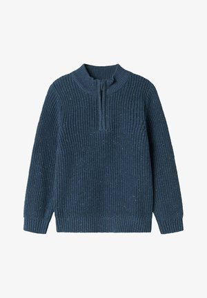 Pull en maille bleu marine à manches longues avec une courte fermeture éclair à l'avant sur un col montant et un bas côtelés.