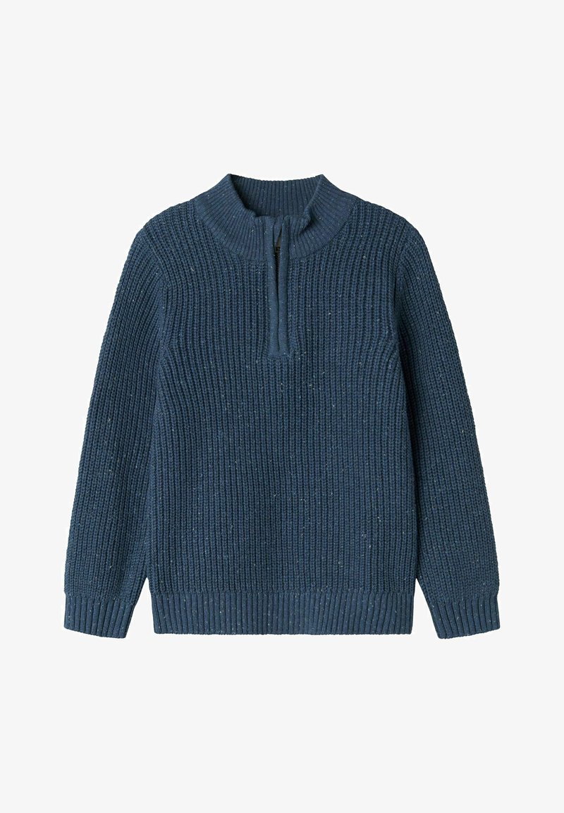 Pull en maille bleu marine à manches longues avec une courte fermeture éclair à l'avant sur un col montant et un bas côtelés.