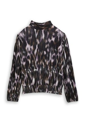 Korte mouwen blouse met een hoge kraag, gekenmerkt door een zwart, wit en paars abstract patroon, textuurstof en een elastische tailleband.