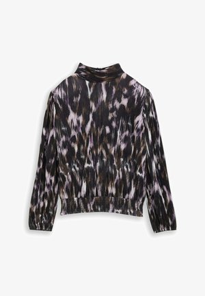 Korte mouwen blouse met een hoge kraag, gekenmerkt door een zwart, wit en paars abstract patroon, textuurstof en een elastische tailleband.