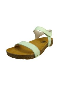 Sandalias verde menta con dos correas anchas, una plantilla de corcho y una suela exterior marrón texturizada. Presenta un sutil acento floral cerca del talón.