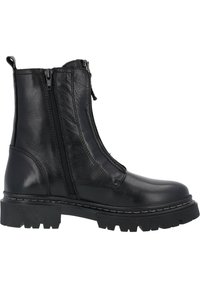 Botas de tobillo de cuero negro con cremalleras laterales, suela de goma rugosa y detalles de costura en los bordes.