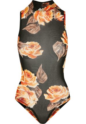 Body negru cu guler înalt, având un model floral cu trandafiri portocalii și frunze verzi; textură netedă, design ajustat și acoperire minimă.