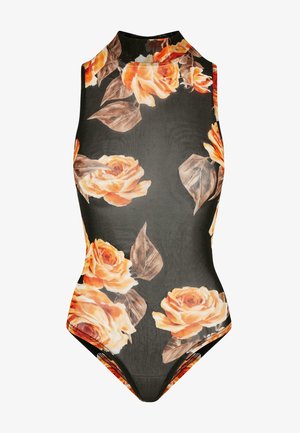 Body negru cu guler înalt, având un model floral cu trandafiri portocalii și frunze verzi; textură netedă, design ajustat și acoperire minimă.