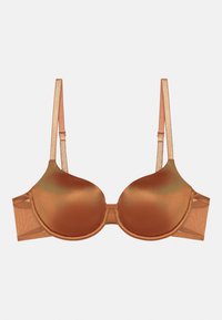 Soutien-gorge push-up en satin marron avec bonnets sans coutures, bretelles réglables et côtés en maille transparente. Caractérisé par une finition lisse et sans aucune pièce métallique visible.