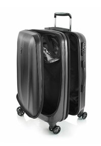 Schwarzer Hartschalenkoffer mit strukturierter Oberfläche, dualen Fächern, ausziehbarem Griff und vier multidirektionalen Rollen.