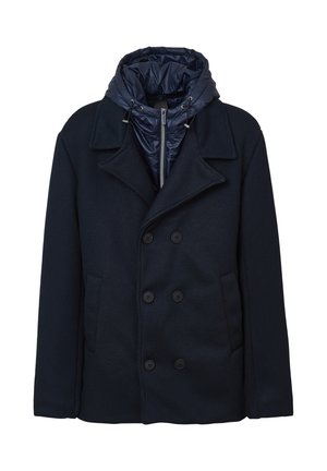 Navy blue coat with double-breasted design, textured fabric, and a detachable shiny hood. Features large buttons and side pockets.